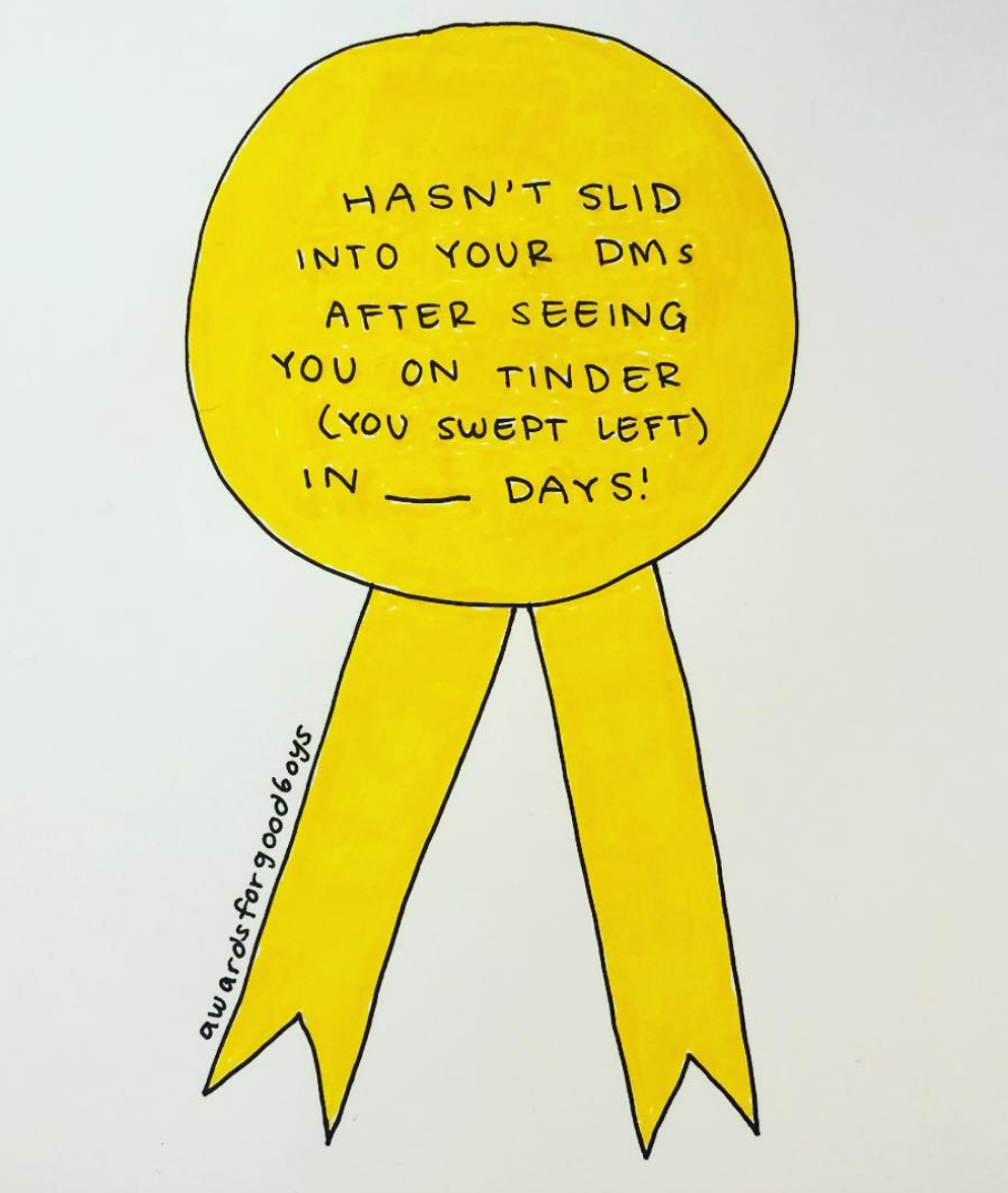 Award ribbon with text 'Hasn't slid into your DMs after seeing you on Tinder (you swept left) in ____ days!'