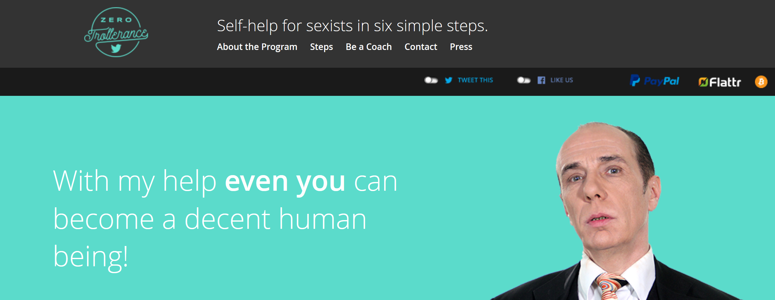 Homepage of the Zero Trollerance website, advertising 'self-help for sexists in six simple steps' and noting 'with my help even you can become a decent human being'