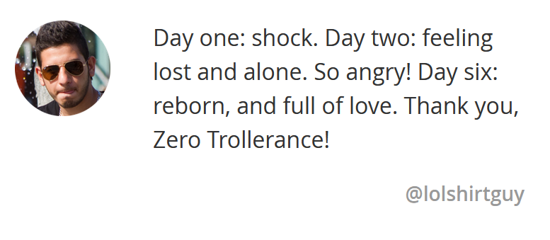 Fake ex-troll testimony saying 'Day one: shock. Day two: feeling lost and alone. So angry! Day six: reborn, and full of love. Thank you, Zero Trollerance!'