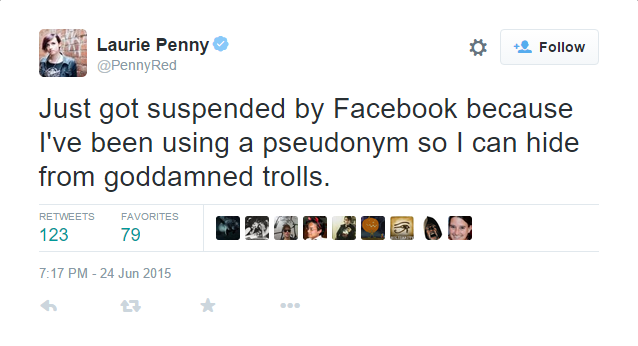 Twitter user Laurie Penny tweets that she has just gotten suspended by Facebook because she has been using a synonym to hide from the trolls.