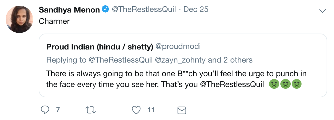 Twitter user Sandhya Menon quotes an abusive tweet saying 