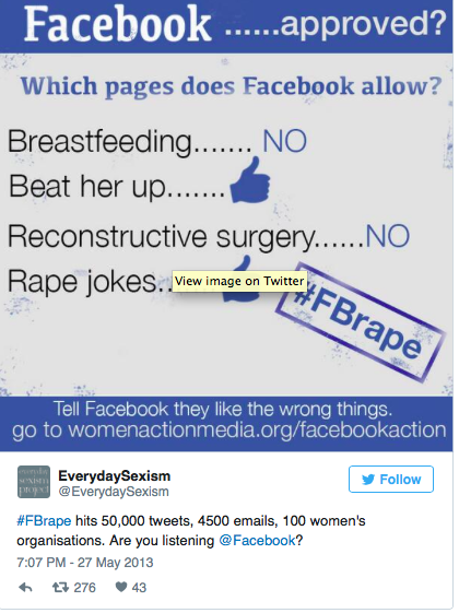 Twitter user EverydaySexism tweets that the campaign #FBrape hits 50,000 tweets, 4500 emails, 100 women's rights organisations, and asks whether Facebook is listening. Infographic accompanying tweet says that Facebook is not cool with breastfeeding or reconstructive surgery, but allows violent messages and rape jokes.