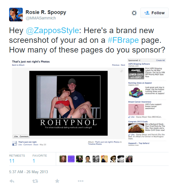 Twitter user alerts ZapposStyle,a brand, that their ads appear next to a post with a rape joke. The post has a man molesting an unconscious woman.