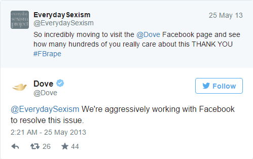 Dove responds to Twitter user EverydaySexism to say they are 'aggressively' working with Facebook to resolve the issue.