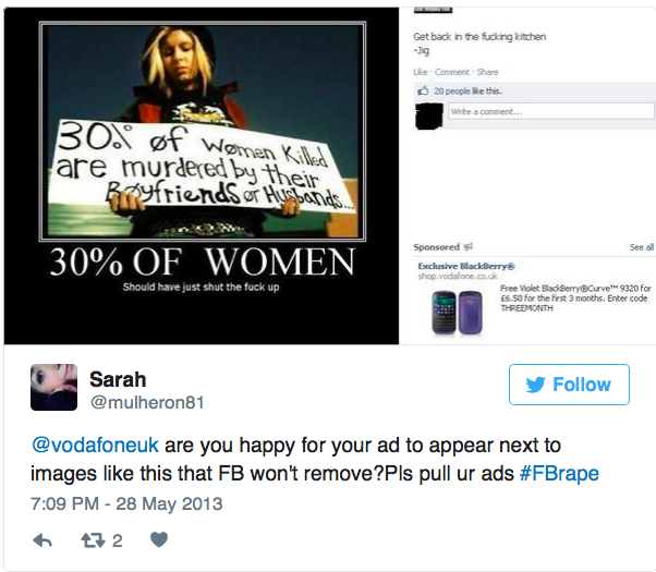 Twitter user alerting Vodafone UK that their ad appears on Facebook next to a post that jokes about violence against women, and encouraging them to pull their ads from a platform that does not care about abusive posts. A woman is holding a placard that says '30% of women killed are murdered by their boyfriends or husbands