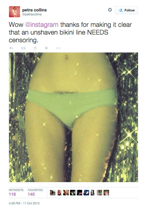 Twitter user posts an image that was taken down by Instagram, of a person's crotch, with pubes visible. Tweet says 'Wow Instagram, thanks for making it clear that an unshaven bikini line NEEDS censoring'.