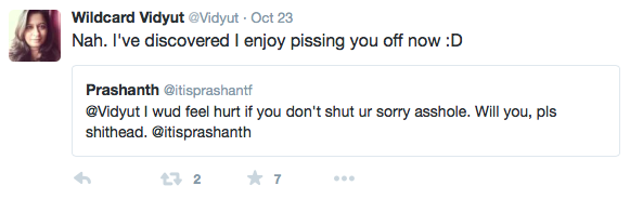 Twitter user Vidyut quote tweets the person who was trolling her to say 